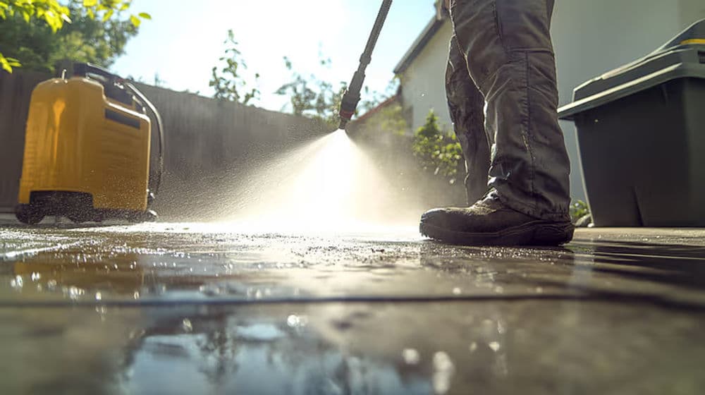 Person using a pressure washer on a patio, water spray creating mist in sunlight.